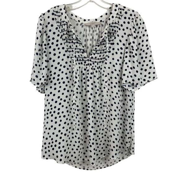 Polka Dot Blouse By Loft Size M Short Sleeve Smocked White/Black - Picture 1 of 8
